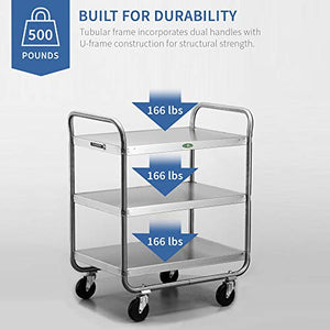 Lakeside Manufacturing Stainless Steel Utility Cart with 3 Shelves, 500 lb. Capacity