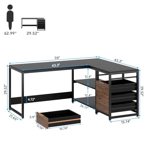Tribesigns L-Shaped Computer Desk with Storage Drawers, Shelves - 59" Black