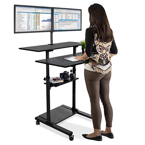 Mount-It! Mobile Standing Desk with Dual Monitor Mount - 40 Inch Wide Height Adjustable Rolling Computer Workstation with Four Wheels,