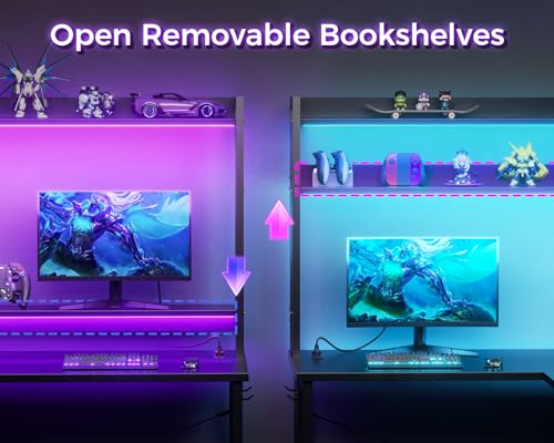 AODK L Shaped Gaming Desk with Hutch, Power Outlets, LED Strip, Monitor Stand - 66" Reversible Corner Computer Desk with Storage Shelves - Black