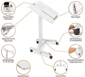 Stand Steady Mobile Podium Desk | Pneumatic Height Adjustment | Tilting Desktop | Rolling Laptop Stand | White