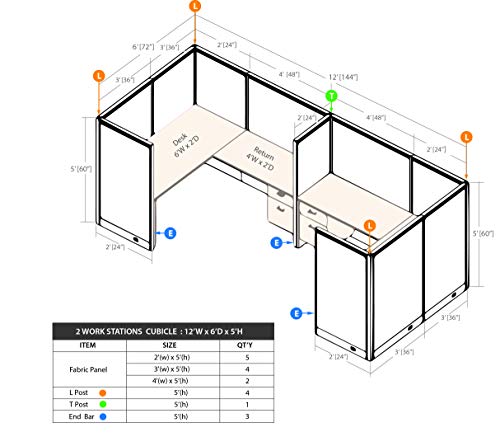 G GOF 2 Person Separate Workstation Cubicle (6'D x 12'W x 4'H) - Office Partition & Room Divider