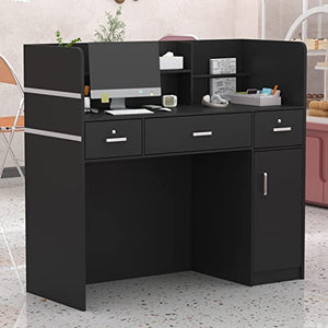 AGOTENI Reception Desk with Open Shelf & Drawers, Wooden Counter Desk for Office Reception Room (Black)