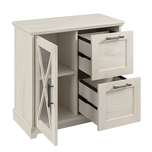 Bush Furniture Lennox Farmhouse 2 Drawer Lateral File Cabinet with Shelves | Linen White Oak