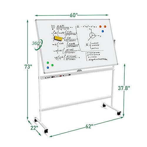 60”x36” Dry Erase Board with Stand,Double-Sided Magnetic Rolling Whiteboard with Bottom Holder,Premium Mobile Whiteboard with Black Aluminum Alloy Frame,Great Partner for Showing Your Ideas