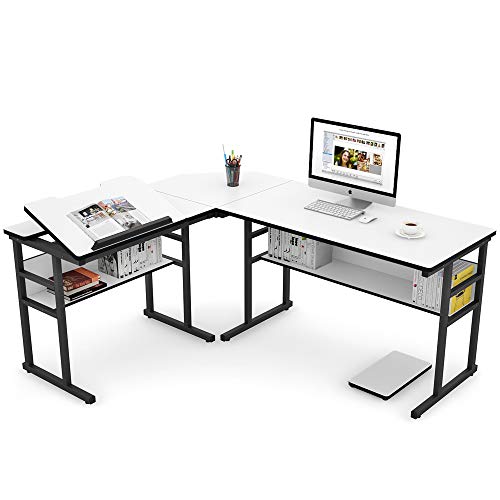Tribesigns L-Shaped Computer Desk with Storage Shelves, Large Corner Computer Desk Study Writing Workstation Drafting Table with Bookshelf and Tiltable Drawing Board for Home Office (White, 67 in)