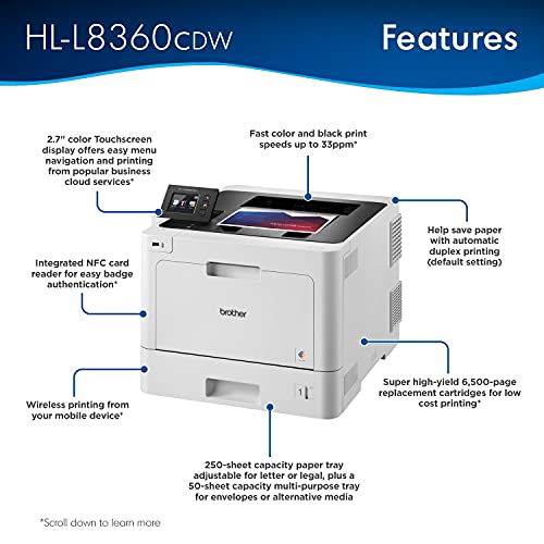 Brother HL-L8360CDWB USB & Wireless Print Only Color Laser Printer for Home Business Office - 2.7" Touchscreen LCD, 31 ppm, 600 x 2400 dpi, 8.5 x 14, Automatic 2-Sided Print, Tillsiy Printer Cable