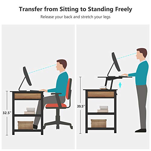 Lift Top Desk with Drawers, 47 inch Computer Desk with Shelves, Height Adjustable Standing Desk with Monitor Riser, Study Table Writing Desk for Home Office (Oak)