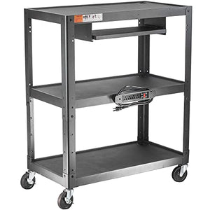 POCHAR Extra Large 3 Tier Rolling Cart with Power Strip - Heavy Duty Utility Cart - 14 Gauge 2mm Durable - Supports Up to 300 LBs - Black