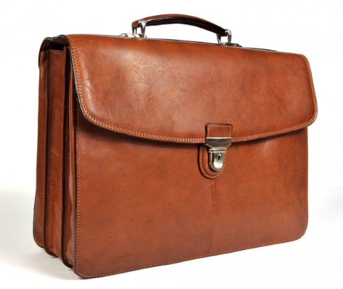 Tony Perotti Mens Italian Cow Leather Bella Russo Triple Compartment Leather Laptop Briefcase in Cognac