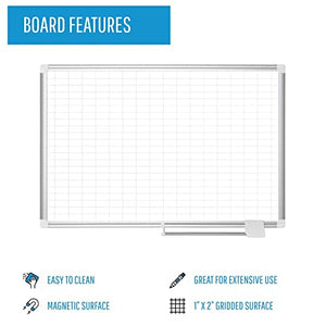 MasterVision Planning Board Porcelain Dry Erase Magnetic 1" x 2" Grid, 36" x 48", Whiteboard with Aluminum Frame