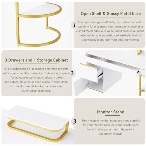 Merax 60'' Modern Executive Home Writing Curved Computer Desk with Metal Legs, 3-Drawers, and Storage Cabinet - White+Gold