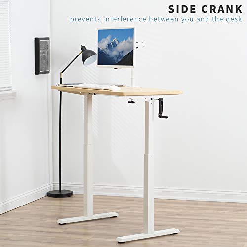 VIVO Manual Height Adjustable 43 x 24 inch Stand Up Desk, Light Wood Solid One-Piece Table Top, White Frame, Standing Workstation with Hand Crank, DESK-KIT-CW4C