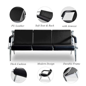 Walsport 3PCS Black PU Leather Reception Chair Office Airport Bench