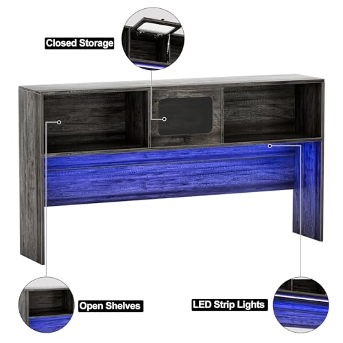 Unikito Large L-Shaped Office Desk with Drawers, Hutch, Power Outlet, and LED Lights - 60 Inch Gray Oak