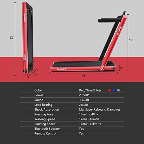 Byroce Adjustable Folding Treadmill, 2.25HP Speed Adjustable Under-Desk Electric Treadmill with Folding Handrails, Bluetooth Speaker, Remote Control and LED Display, Use Jogging Machine (Red)