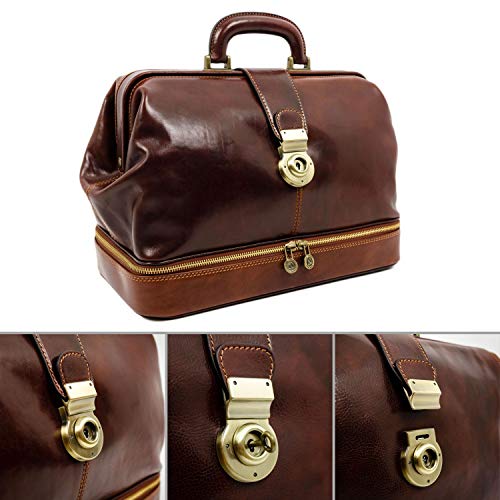 Leather Doctor Bag Briefcase Medical Purse Vintage Key Lock Handbag Brown - Time Resistance