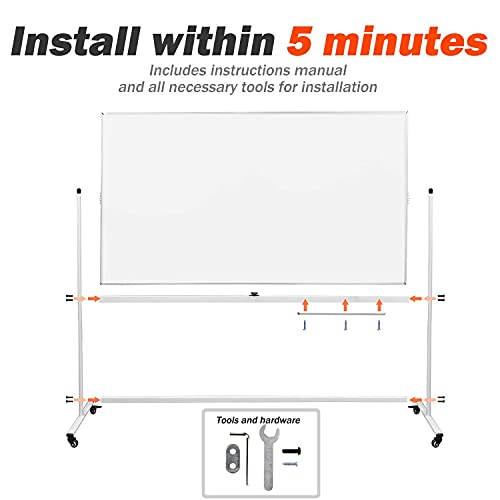 Letusto Double-Sided Magnetic Mobile Whiteboard (72 x 40 Inches) - Easily Portable Board Made of Aluminum Frame and Stand with 5 Great Bonus Accessories Included