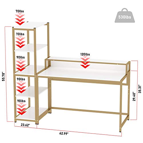 Teraves Computer Desk with 5 Tier Shelves & Reversible L Shaped Desk with Shelves Round Corner Computer Desk Gaming Table Workstation for Home Office
