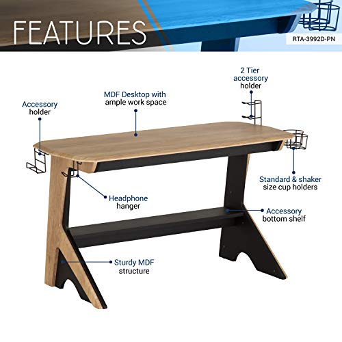 Techni Mobili Home Office Computer Writing Desk Workstation with Two Cupholders and a Headphone Hook-Pine