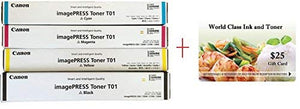WCI© Best Value Pack® of All (4) Genuine Original Canon Brand T01 Toner Cartridges + a FREE $25 Restaurant Gift Card. (1 each of Black/Cyan/Magenta/Yellow Toners) for: Canon ImagePress C700/C800.