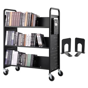 VEVOR Rolling Book Cart, 330 lbs Library Cart, Double Sided W-Shaped Sloped Shelves, 4-Inch Lockable Wheels - Black