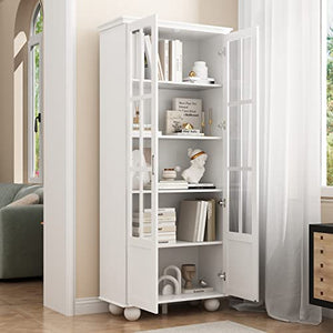 ECACAD 5-Tier Tall Bookcase Storage Cabinet with Acrylic Doors, White (31.5”L x 14”W x 72.3”H)