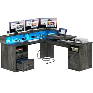 YITAHOME L Shaped Desk with Power Outlets & LED Lights, 60” Computer Desk with Drawers & Lift Top, Grey