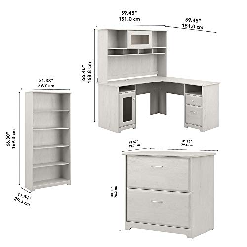 Bush Furniture Cabot L Desk with Hutch, Lateral File and 5 Shelf Bookcase, Linen White Oak
