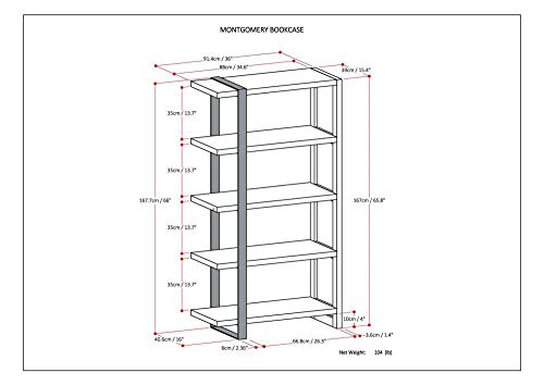 Simpli Home AXCMTG-09 Montgomery Solid Acacia Wood 66 inch x 36 inch Modern Industrial Bookcase in Distressed Dark Brown