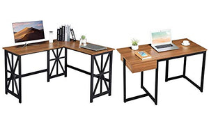GreenForest L Shaped Desk and Computer Desk Bundle, Industrial Gaming Writing Desk Home Office Furniture Set, Walnut