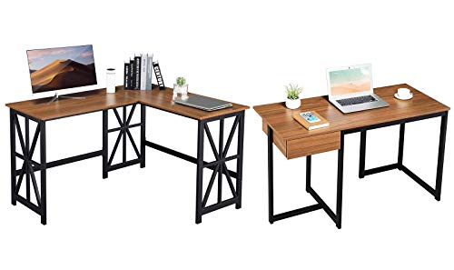 GreenForest L Shaped Desk and Computer Desk Bundle, Industrial Gaming Writing Desk Home Office Furniture Set, Walnut