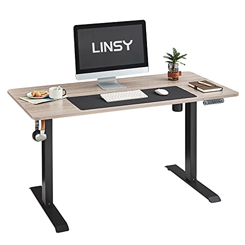 LINSY HOME Electric Height Adjustable Office Desk, 55 x 27 inch Standing Desk Intelligent Stand Up Workstation with 4 - Height Memory Controller, Headphone Hook, Cable Management Groove, Mouse Pad