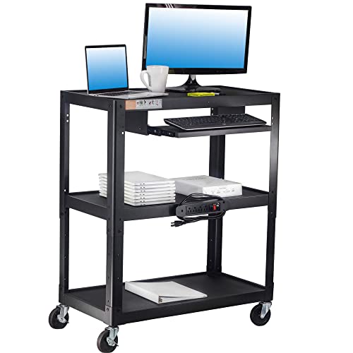 POCHAR Extra Large 3 Tier Rolling Cart with Power Strip - Heavy Duty Utility Cart - 14 Gauge 2mm Durable - Supports Up to 300 LBs - Black