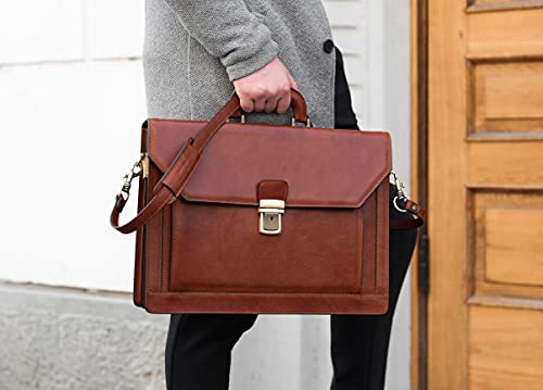 Mens Leather Briefcase Full Grain Leather Laptop Bag up to 17’’ Brown Attache Case - Time Resistance
