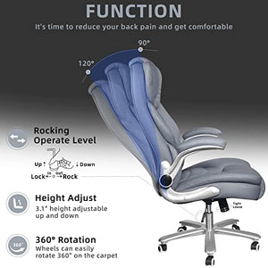 Sucrever Executive Office Chair, Big and Tall 400lbs, High Back Leather Chair Lumbar Support, Adjustable Armrest, Grey/Blue