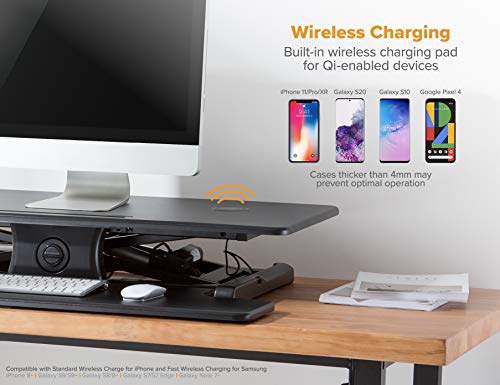Bostitch Office Electric Sit Stand Desk Converter, Height Adjustable Workstation Riser Includes Wireless Charging Pad, Keyboard Shelf and Tablet Holder, Black (STND-3715BKX)