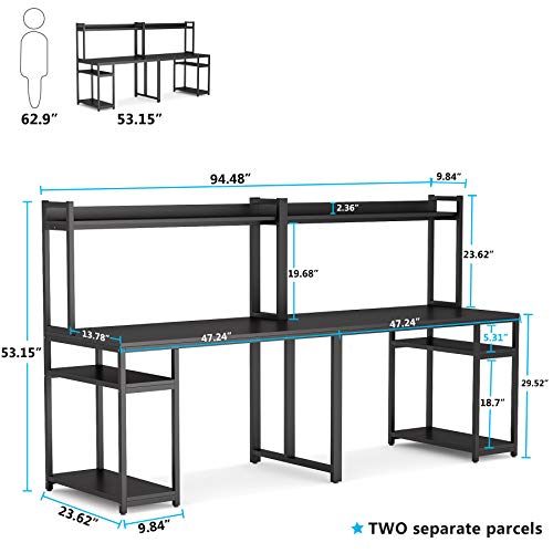 LITTLE TREE Double Desk, 94.5 inches Extra Long Computer Desk with Hutch and Storage Shelves, Two Person Workstation Table for Home Office, Dual Writing Study Desk, (Black)