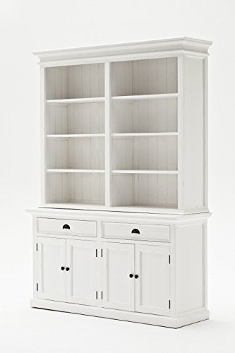 NovaSolo Halifax Pure White Mahogany Wood Hutch Bookcase With Storage And 2 Drawers