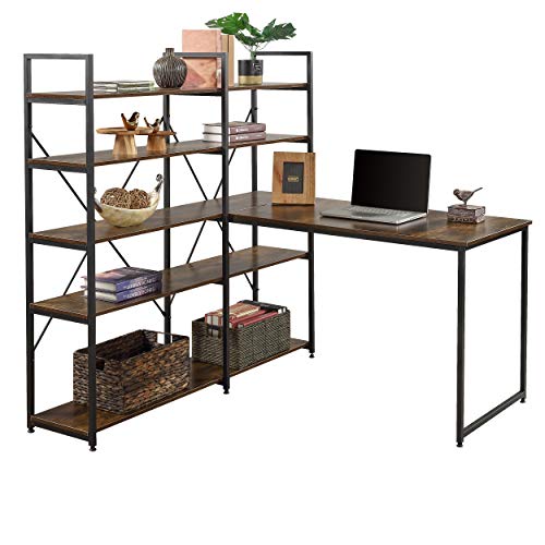 Merax 54" Large Computer 5-Tier Shelves, Office Study Table with Bookcase, Writing Hutch Desk, Brown