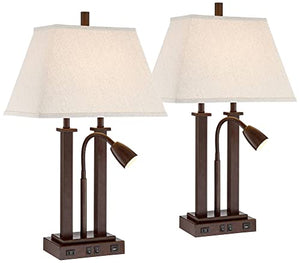 Possini Euro Design Deacon 26" High Industrial Modern Desk Lamps Set of 2 - Brown Bronze Finish Metal Oatmeal Shade - USB Port AC Power Outlet - Gooseneck - Home Office Living Room Charging