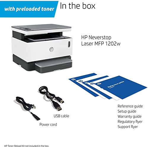 HP Neverstop MFP 1202w Monochrome All-in-One Wireless Laser Printer with Cartridge-Free Toner Tank, Mobile Print, Print&Scan&Copy, 1.8" Display, 600 x 600 DPI, 150-Sheet, 21ppm, with Printer Cable