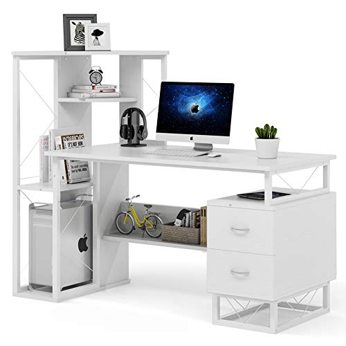 Tribesigns Computer Desk with Drawers, Functional Writing Desk with Corner Tower Shelves Works as Home Office Compact Workstation Desk for Small Space (All White)