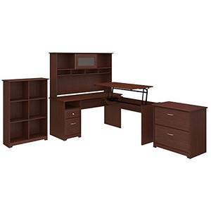 Bush Furniture Cabot 60W 3 Position L Shaped Sit to Stand Desk with Hutch and Storage in Harvest Cherry