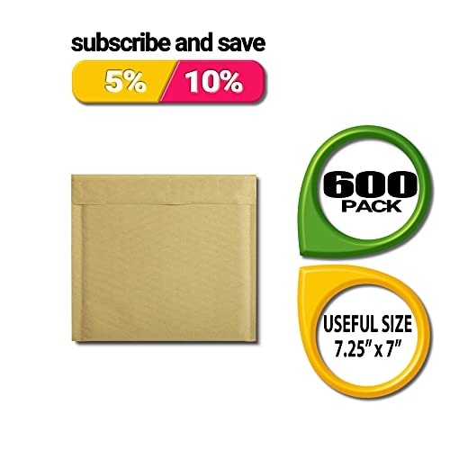 ABC Pack of 600 Kraft Padded Bubble Mailers 7.25 x 7 Natural Brown Kraft Bubble Envelopes 7 1/4 x 7 Peel and Seal Envelopes Bulk Shipping Bags for Mailing Packing Moving Wholesale Price