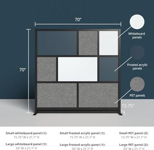 S Stand Up Desk Store Workflow Modular Wall | 70in x 70in | Expandable Room Divider with Whiteboard, Acrylic Panels, Sound Absorbent Panels - Black Frame