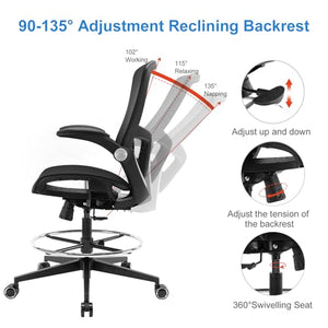 Luckyear Office Drafting Chair with Footrest Ring and Lumbar Support - Black