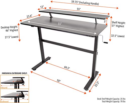 Stand Steady Tranzendesk 55 in Standing Desk with Clamp On Shelf | Crank Height Adjustable Stand Up Workstation with Attachable Monitor Riser | Holds 3 Monitors & Adds Desk Space (55 in/Black)