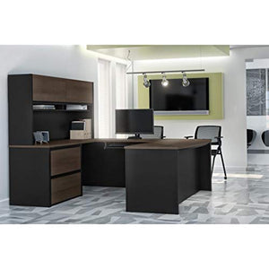 Bestar U-Shaped Executive Desk with Lateral File Cabinet and Hutch - 72W - Antigua & Black