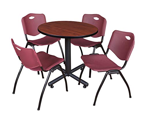 Regency Kobe 30-Inch Round Breakroom Table Set with 4 M Stack Chairs, Cherry/Burgundy